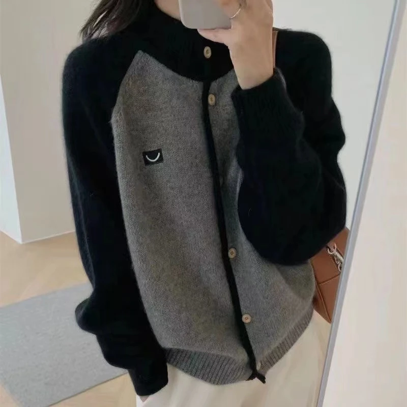 慵懒风撞色立领毛衣开衫休闲外套