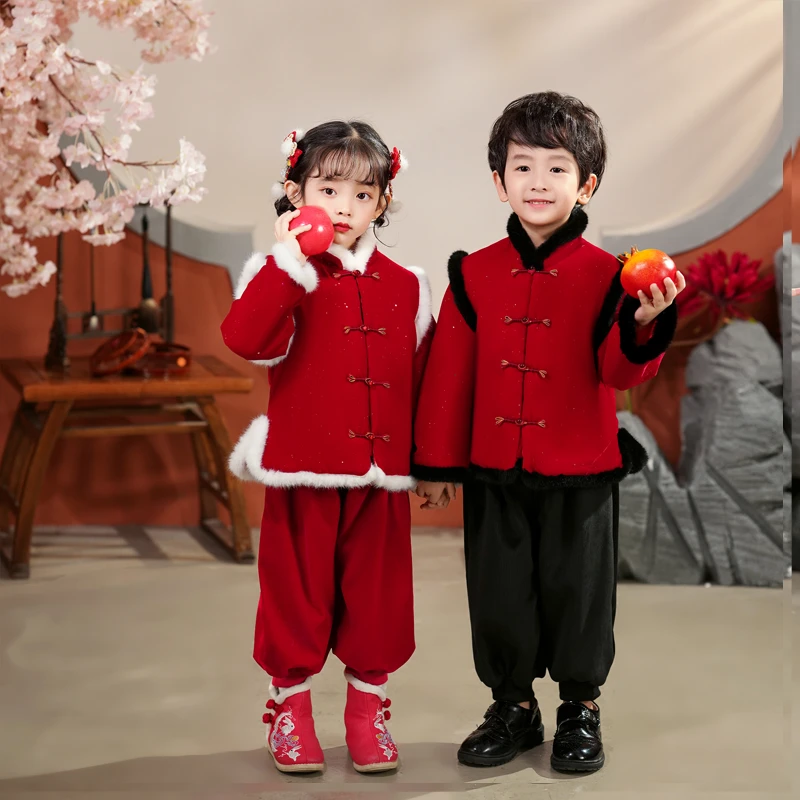 儿童拜年服唐装冬季汉服加绒厚男女宝宝红色喜庆服套