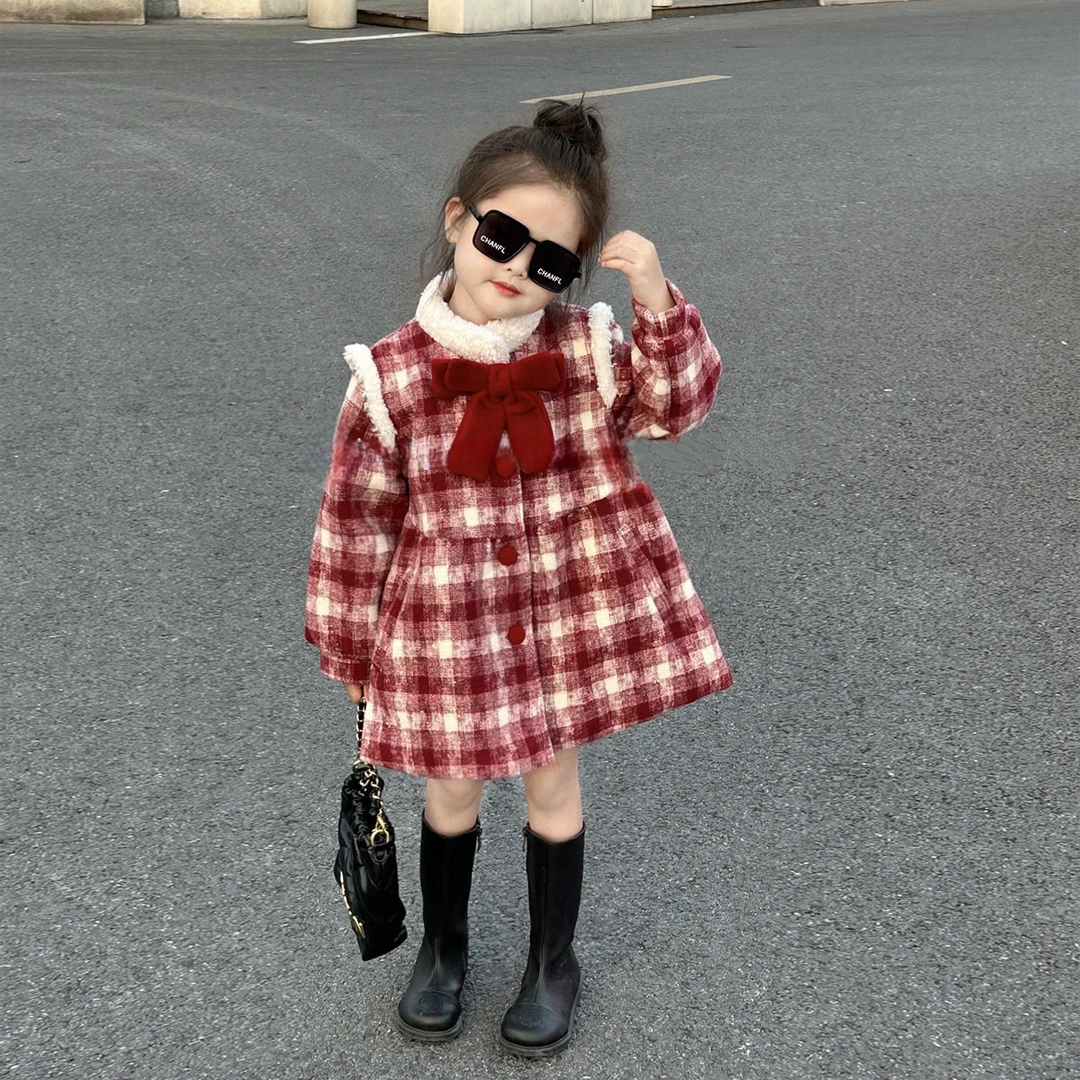 童装女童红格毛呢外套2024冬季新款儿童宝宝新年战袍洋气