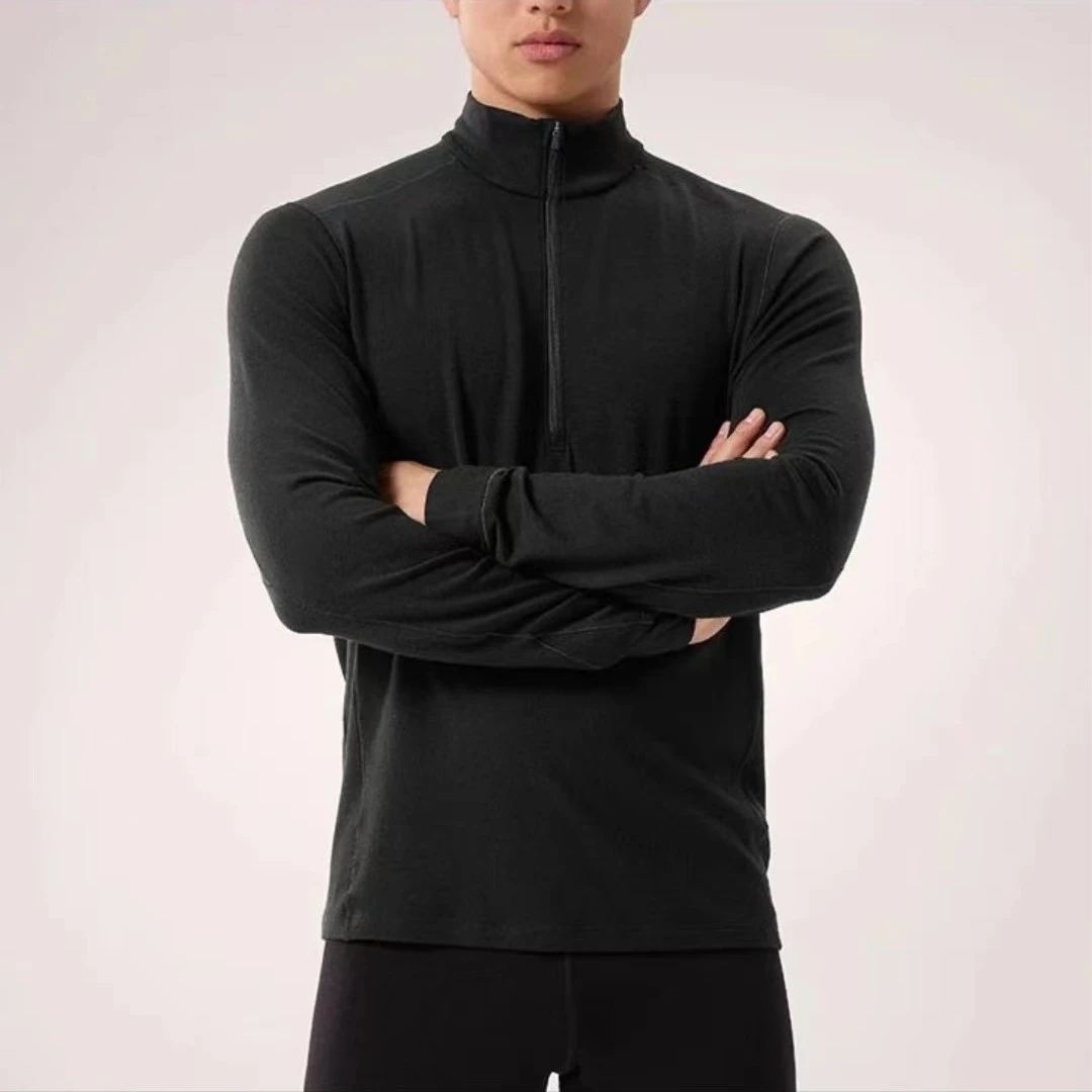 2023秋冬情侣款户外高弹吸湿排汗长袖T恤半拉链发热保暖打底衫