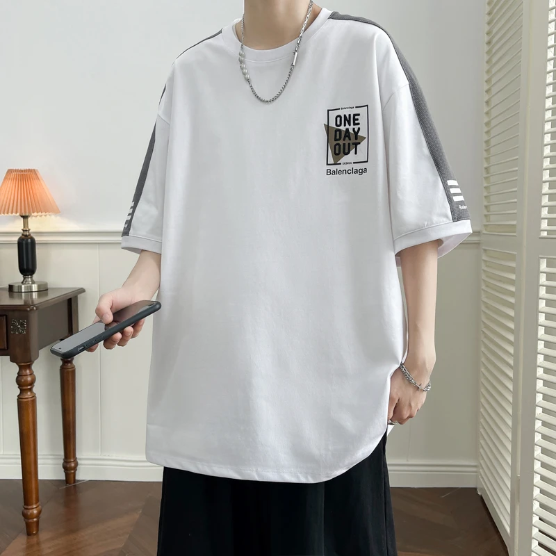 男士短袖T恤夏季新款潮牌宽松透气美式休闲拼接撞色圆领套头上衣