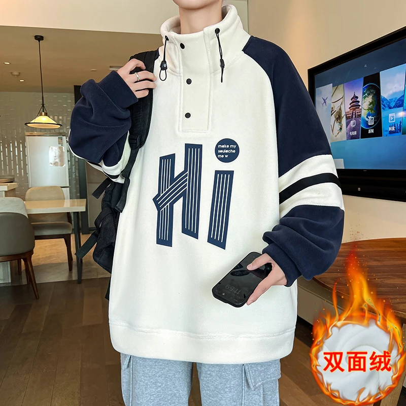 秋冬青少年印花字母港风加绒奥利绒宽松百搭青春潮流保暖上衣卫衣