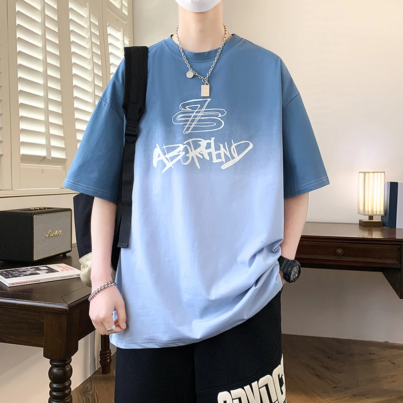 青少年渐变色男装夏季新款男生百搭印花圆领韩版T恤宽松休闲短袖