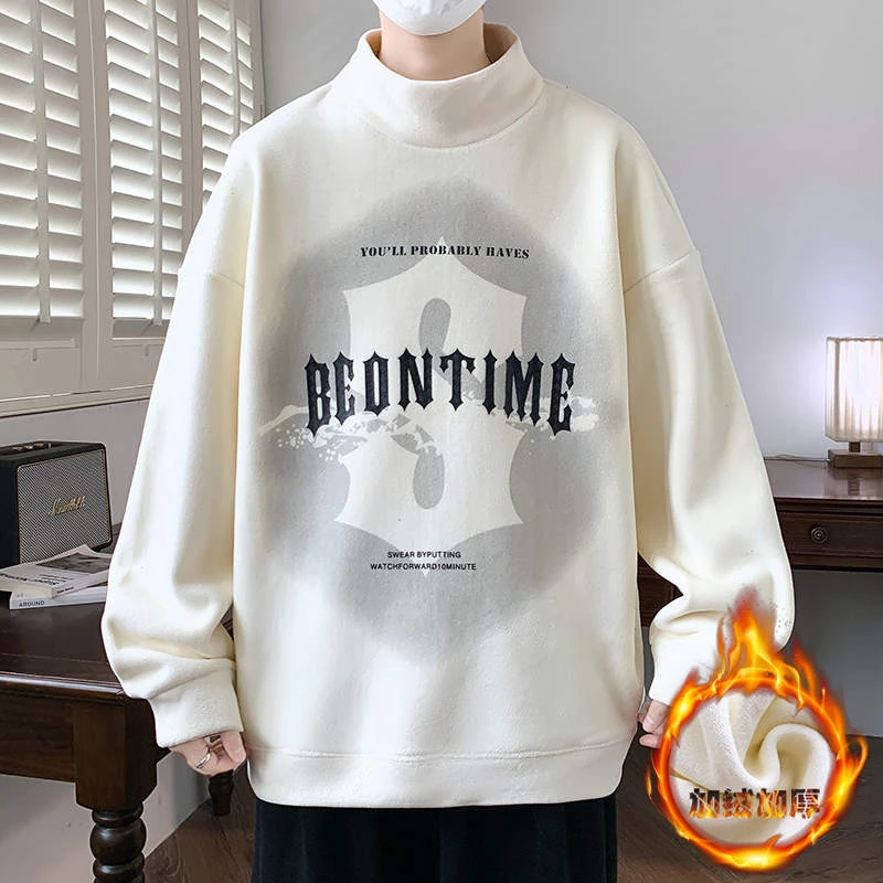 潮牌青少年秋冬新款半高领奥粒绒印花卫衣男休闲时尚百搭加厚上衣