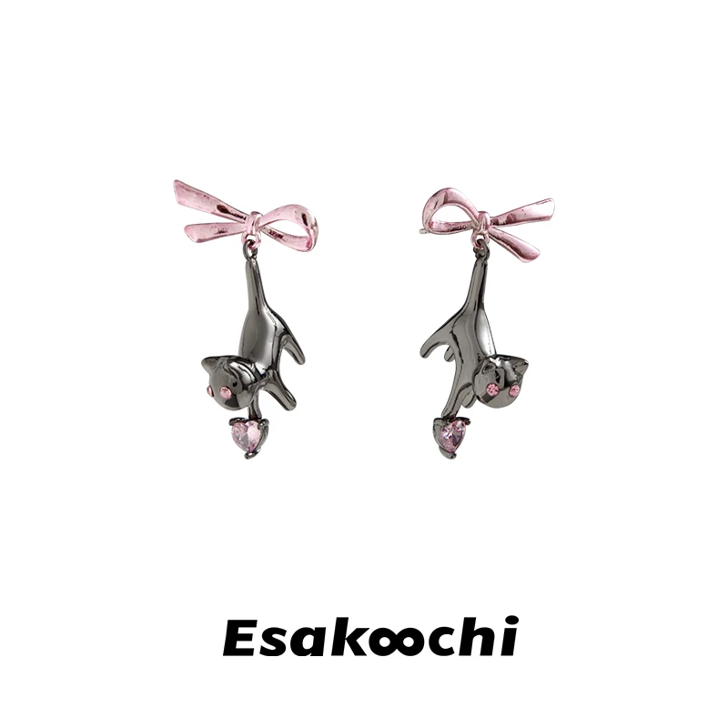 铜合金玻璃耳饰 漂亮的小猫~原创设计小众黑猫粉色蝴蝶结耳环女
