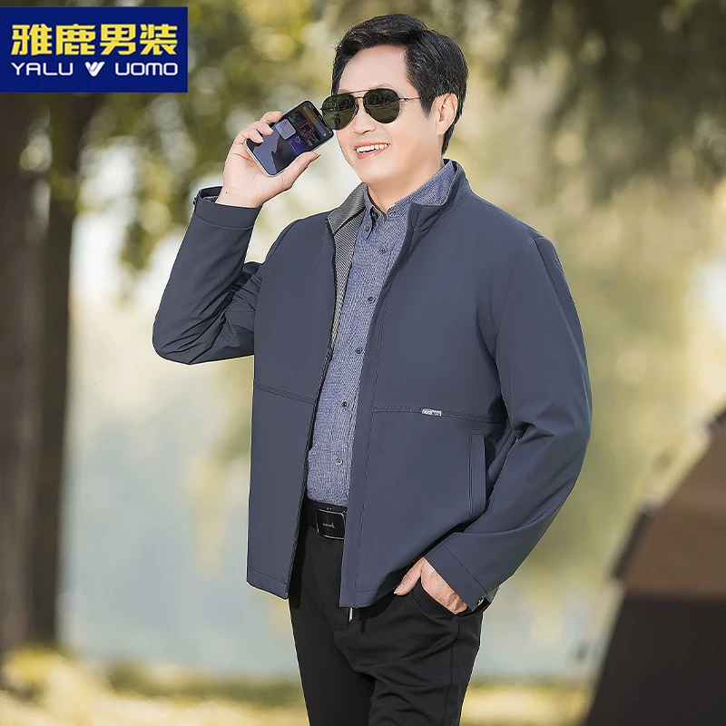 雅鹿男装中年男士外套春秋款爸爸新款秋装中老年商务休闲立领夹克