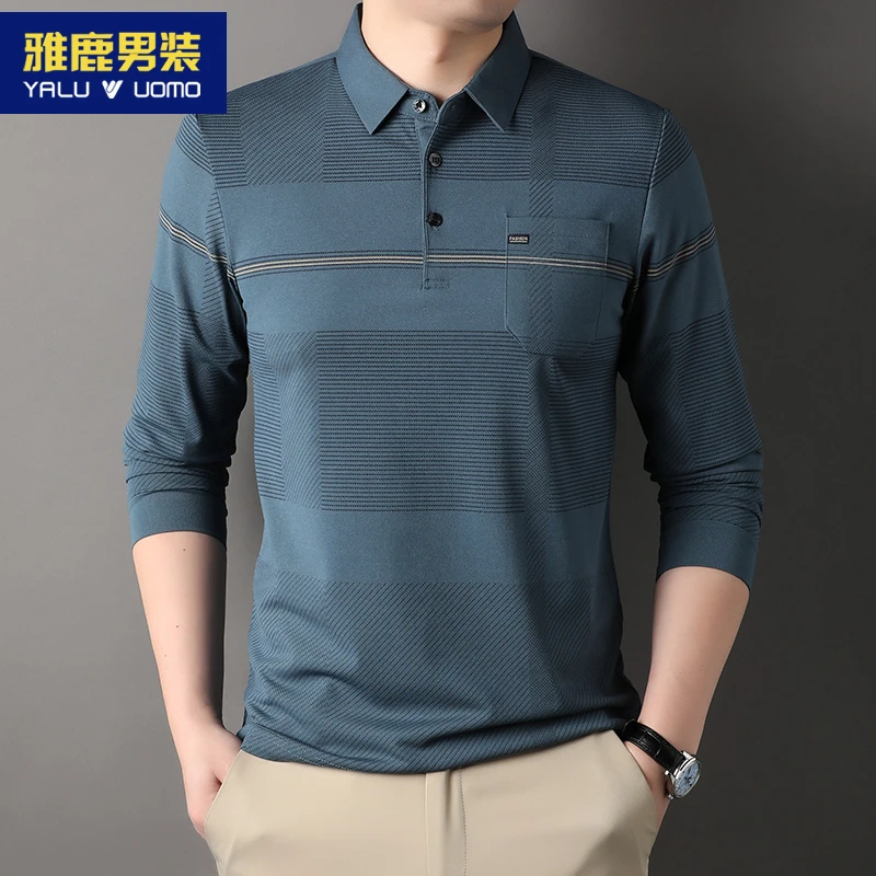 雅鹿男装爸爸t恤秋装上衣50岁中年男士打底衫中老年休闲条纹长袖