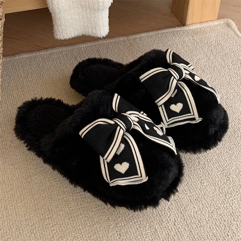 2024新款学生室内防滑软底居家鞋冬季甜美可爱蝴蝶结毛绒棉拖鞋女