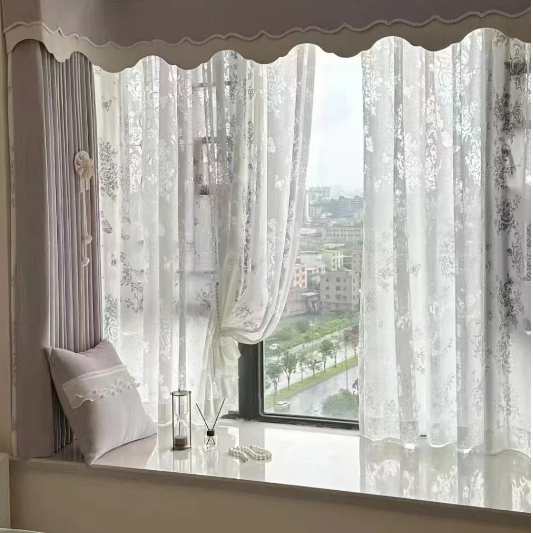 新款小香风蝴蝶花窗纱客厅卧室透光镂空窗纱阳台落地高级感窗纱