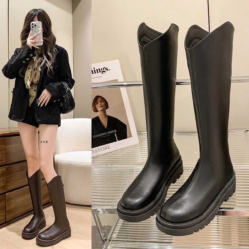 秋冬新款厚底高筒靴骑士靴中靴百搭显瘦长靴长筒瘦瘦靴