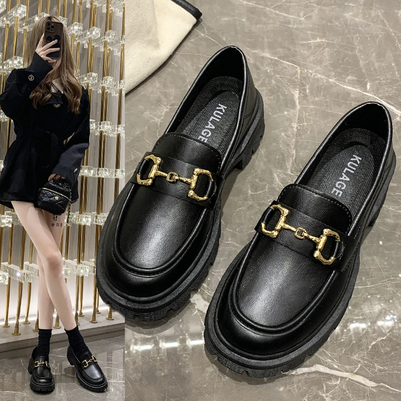 [时髦好物厚底乐福鞋时尚百搭圆头乐福鞋黑色软底英伦风小皮鞋