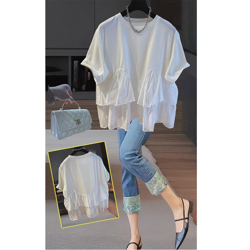 夏季新款胖妹妹短袖T恤女拼接宽松大码休闲百搭潮流上衣爆款潮流