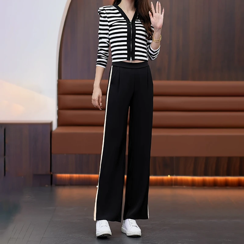 秋季新品ins超火钉珠九分阔腿裤女高腰宽松时尚百搭垂感开叉长裤