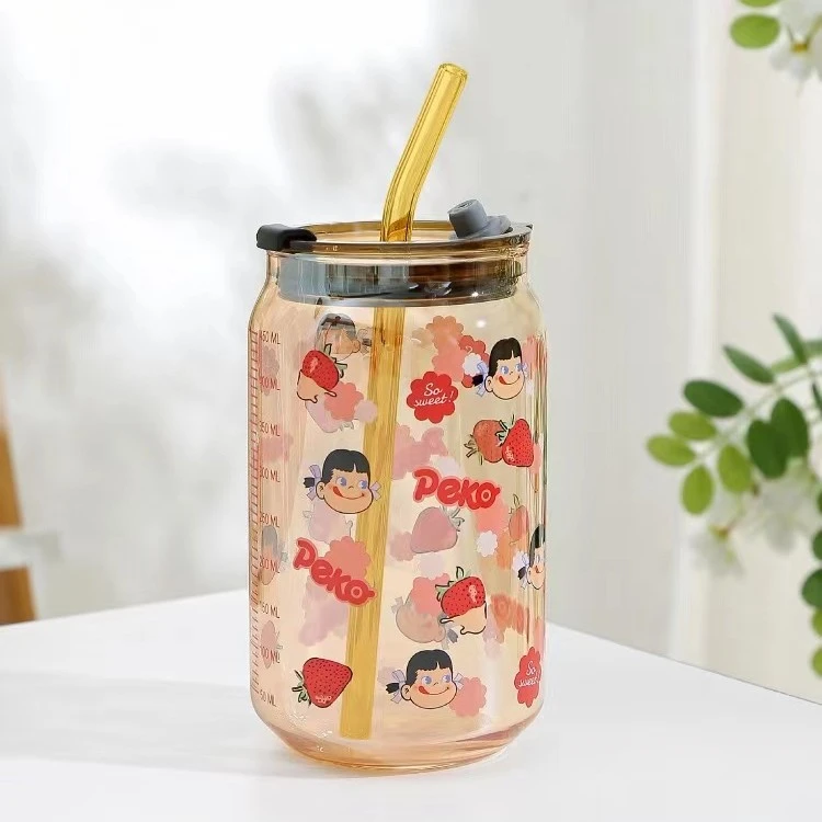 网红吸管杯玻璃杯可爱儿童杯可乐杯易拉罐大容量卡通简约日常带盖