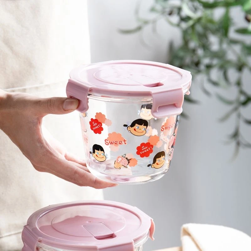 家用玻璃汤碗卡通贴花密封碗保鲜碗冰箱水果保鲜盒便当盒
