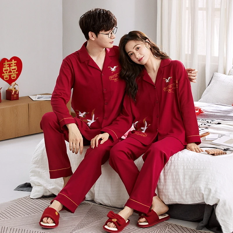 春秋季情侣睡衣女纯棉长袖结婚新婚喜庆本命年大红色男家居服套装