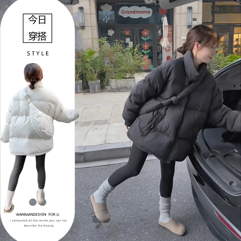 时尚简约立领设计黑色棉服外套女2024冬季新款宽松版百搭保暖棉袄