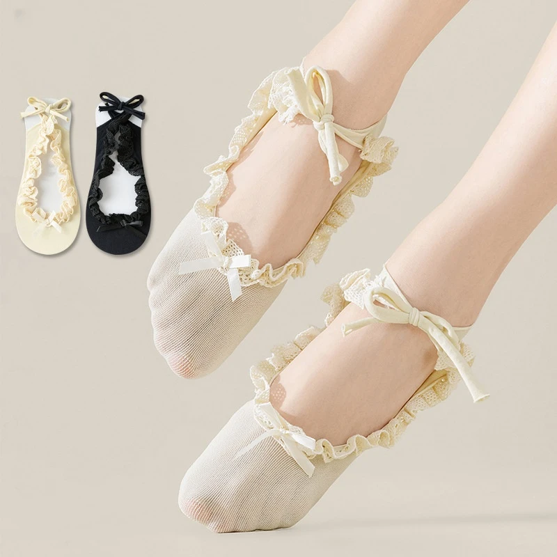 绑带船袜女夏季薄款花边系带蝴蝶结日系可爱防滑不掉跟木耳边隐形