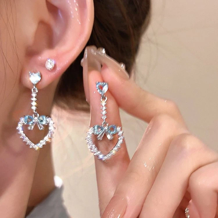 合金耳饰 蓝色爱心蝴蝶结流苏耳钉女2025年新款爆款耳环耳坠耳饰