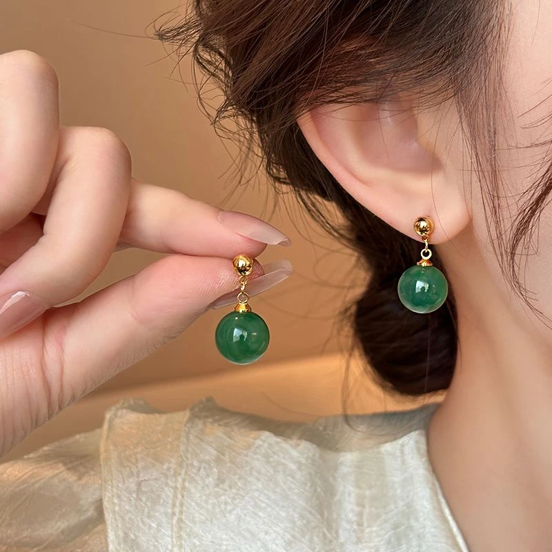 925银针复古绿色耳环小众独特2025新款爆款耳钉轻奢高级感耳饰