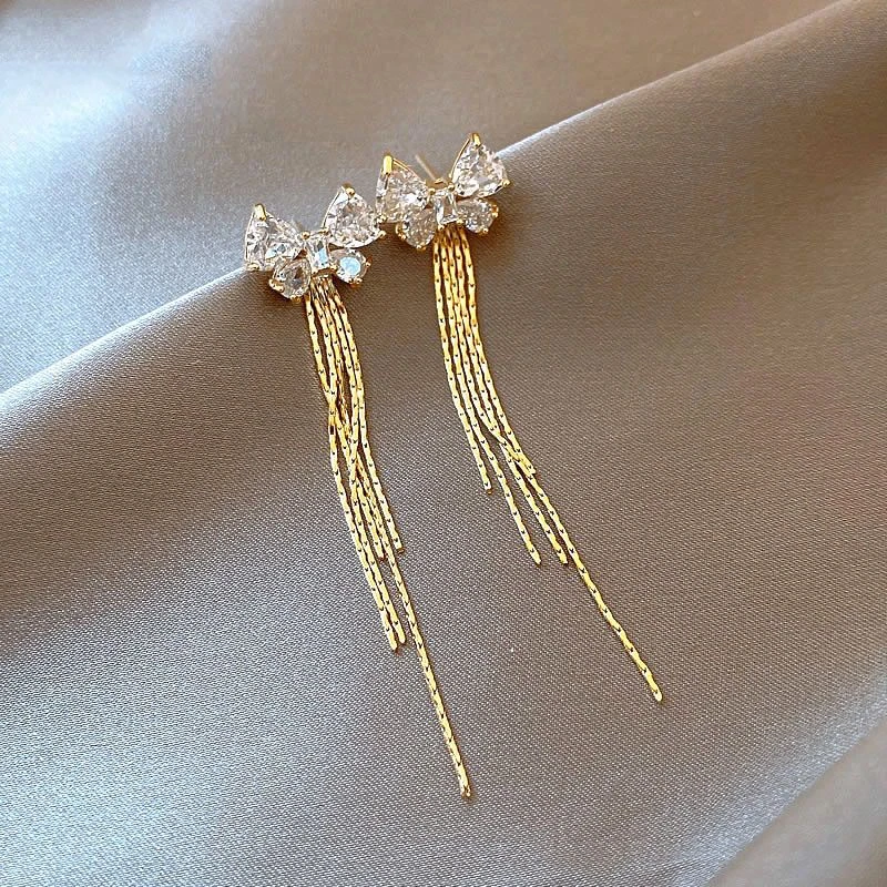 925银针蝴蝶结金色流苏耳环2025新款高级感耳钉轻奢独特气质耳饰