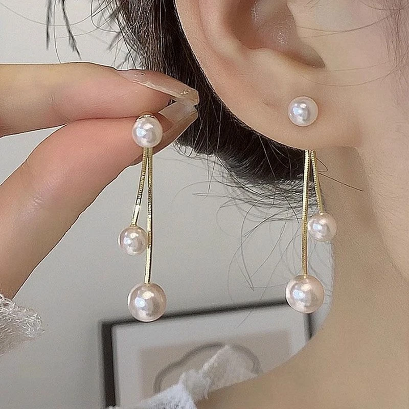 合金耳饰 2025新款珠珠耳环女潮韩国长款流苏耳钉百搭网红耳饰