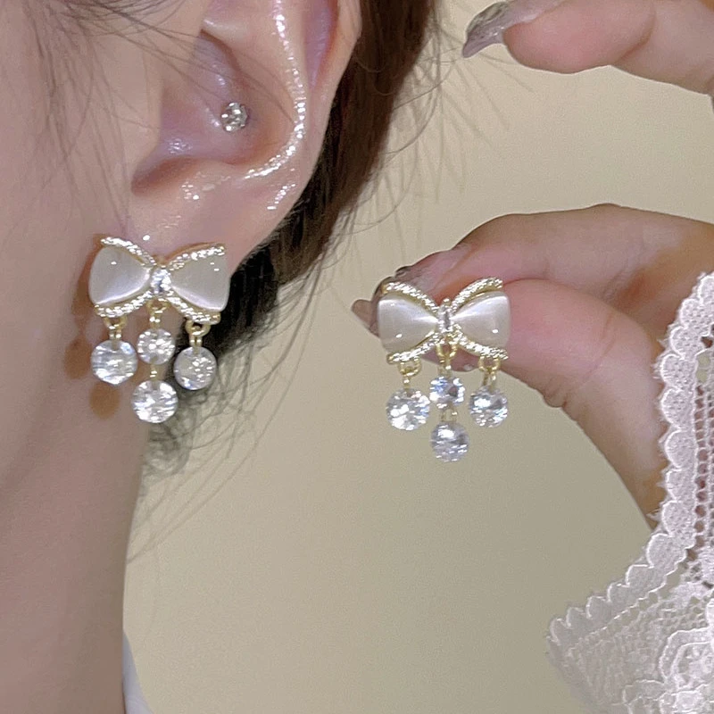 925银针蝴蝶结耳钉锆石流苏耳坠小众设计感高级耳环轻奢气质耳饰