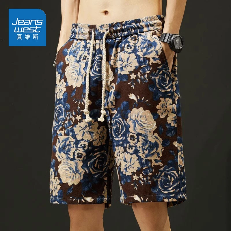 Jeanswest/真维斯沙滩裤男士夏季休闲夸花短裤宽松爆款美式运动裤