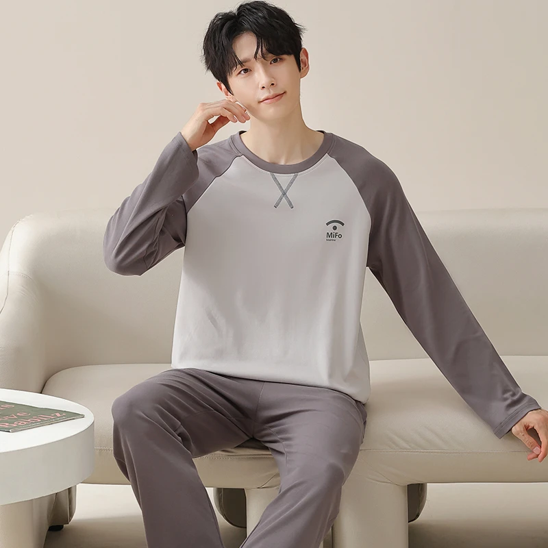 韩版100%纯棉男士春秋款休闲宽松长袖秋冬季薄款青少年套装可外穿