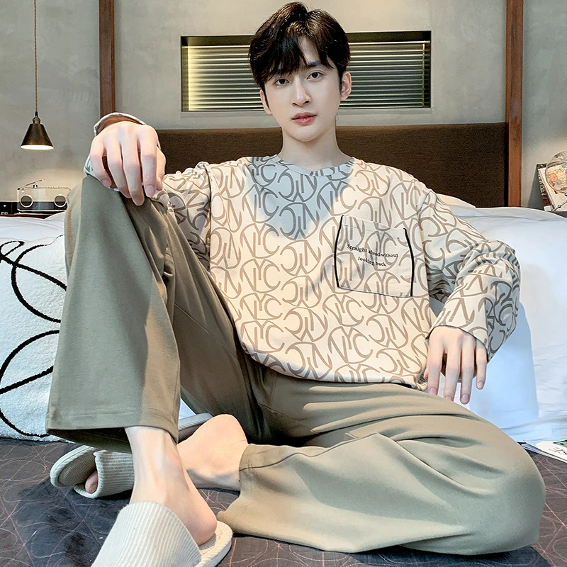 韩版纯棉睡衣男款秋冬长袖睡衣青少年帅气可外穿全棉家居服套装