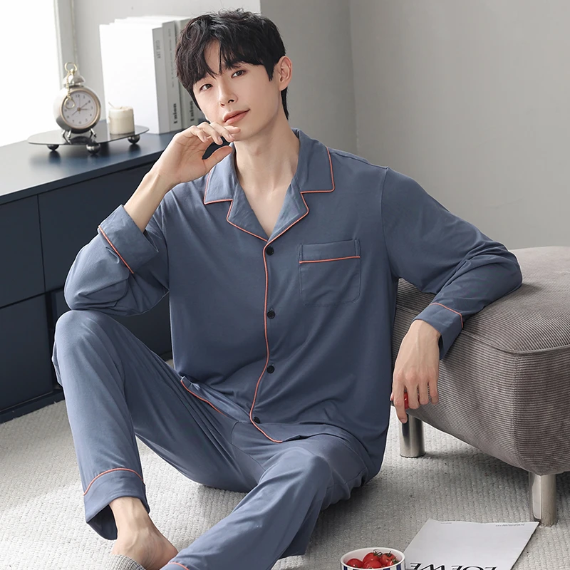 春秋季男士睡衣高端大气上档次莫代尔长袖长裤开衫简约家居服套装