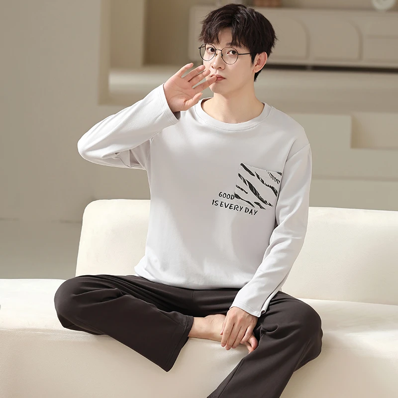 秋冬100%棉春秋男士睡衣长袖长裤圆领家居服时尚休闲纯棉套装外穿