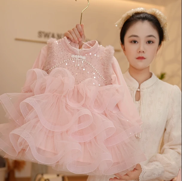 （现货）【Y.a9907】24春秋款假两件公主裙女童洋气连衣裙蓬蓬纱花童