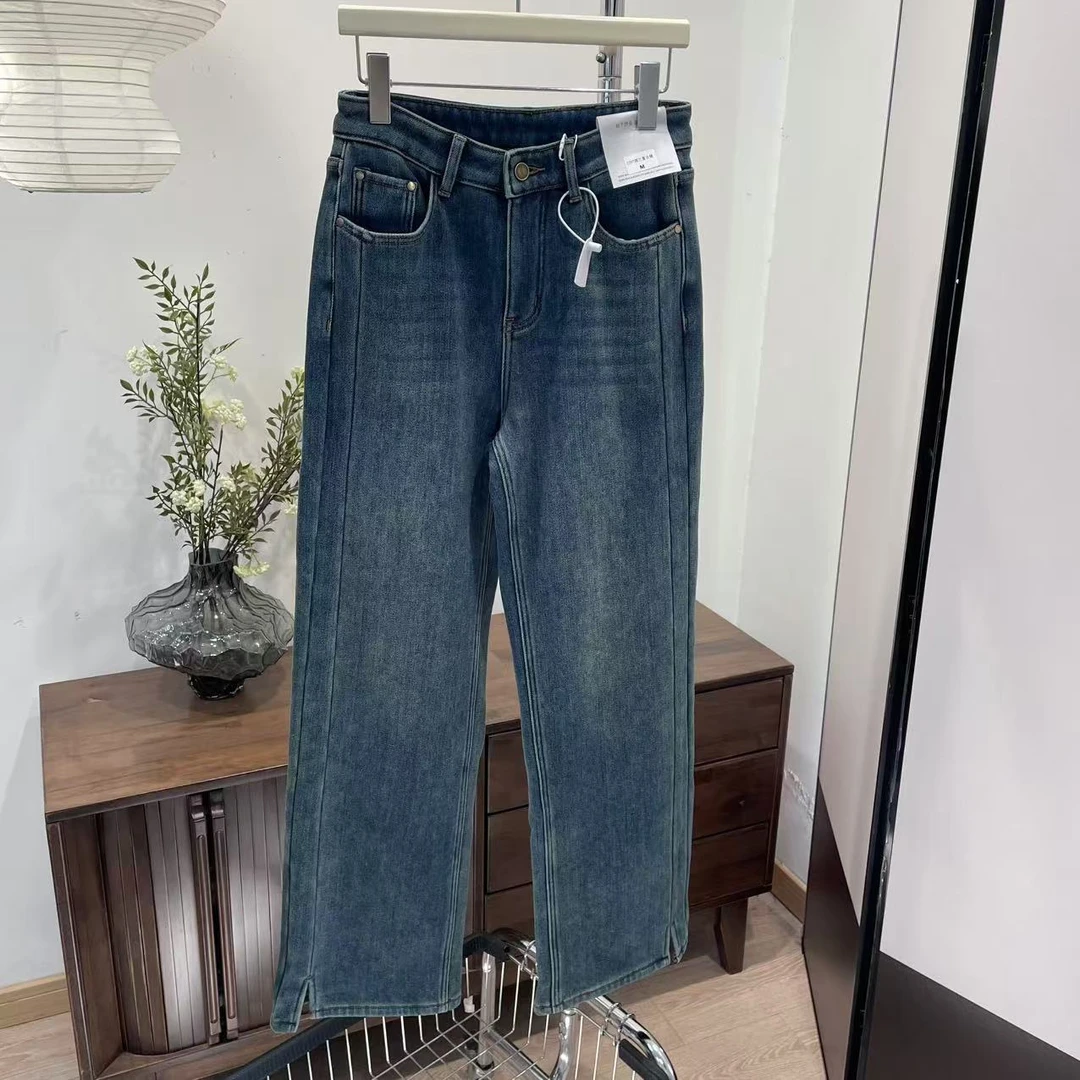 牛仔裤-2297加绒裤脚开叉阔腿裤