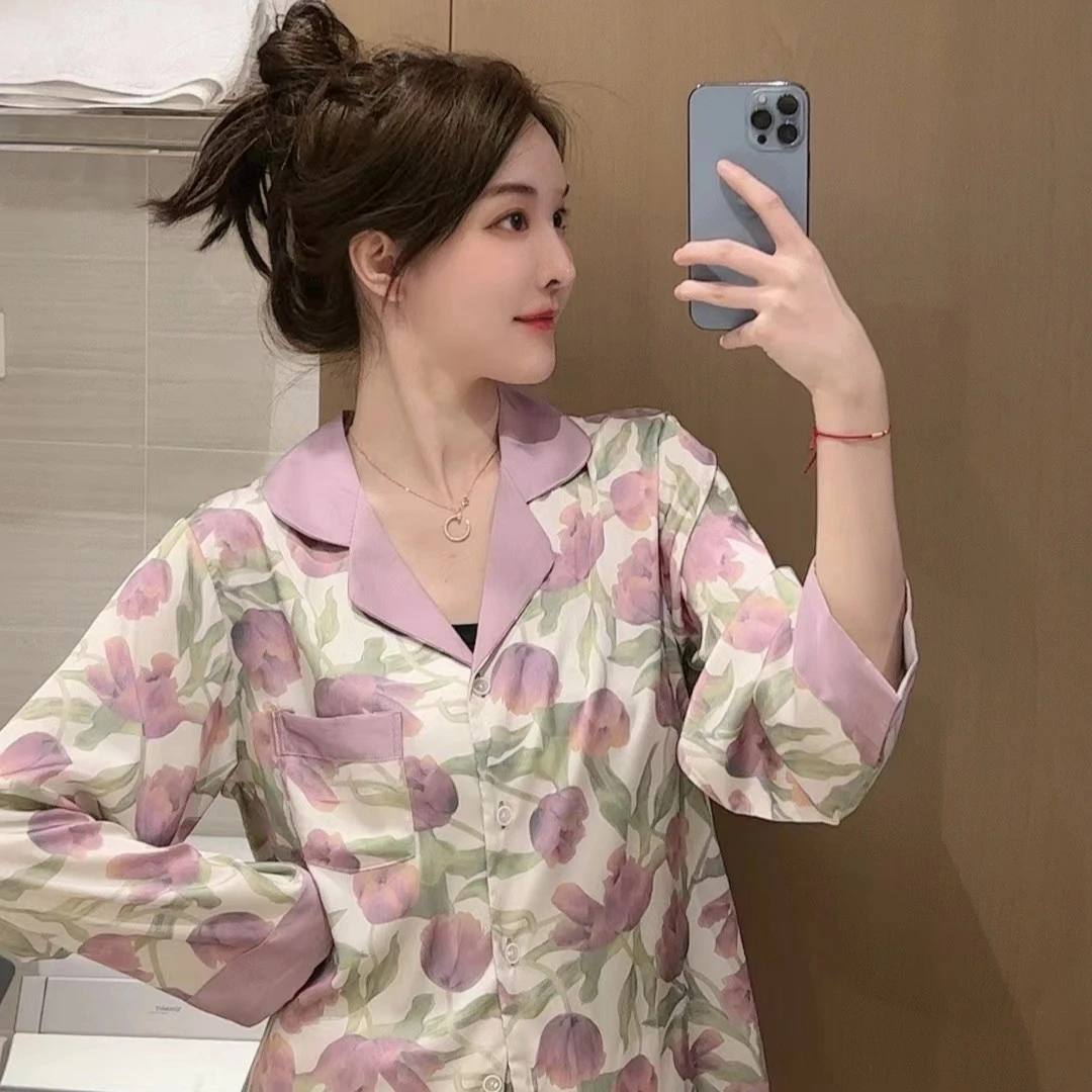 大榕家《紫色郁金香》撞色气质新款睡衣家居服