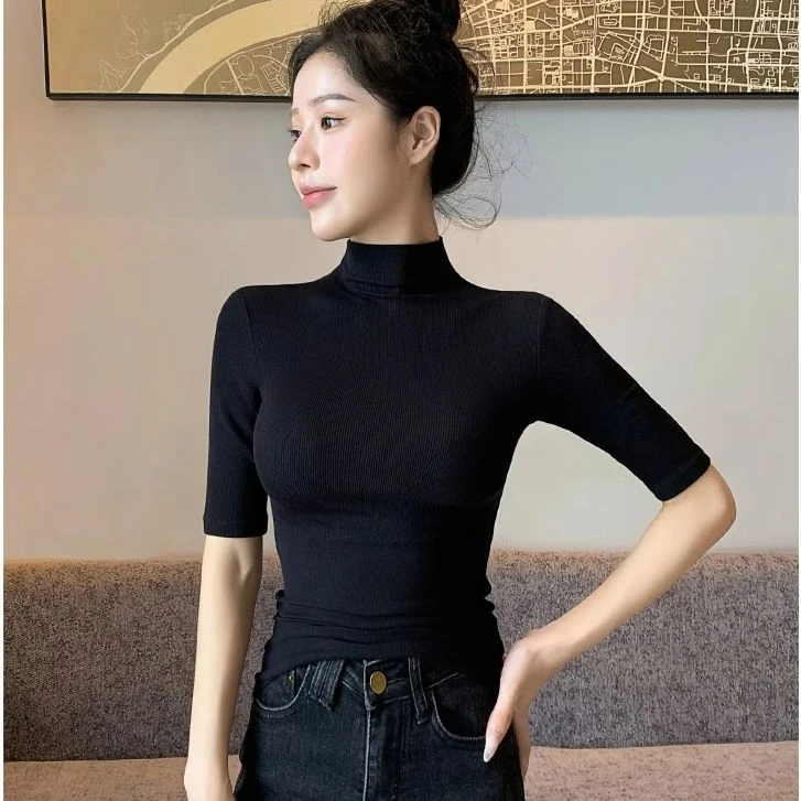 【TF4102-1】半高领半袖上衣春秋五分袖打底衫修身纯色女士中袖t恤