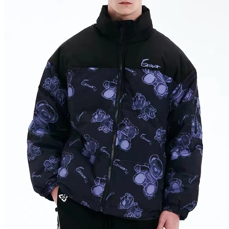 90羽绒服冬季情侣潮牌小熊拼接立领加厚保暖外套2533