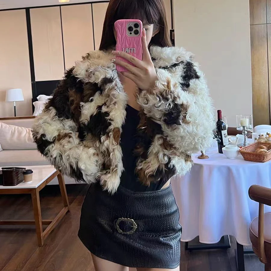 羊羔毛撞色加厚环保皮草外套女皮毛一体年轻款毛毛大衣B21-16