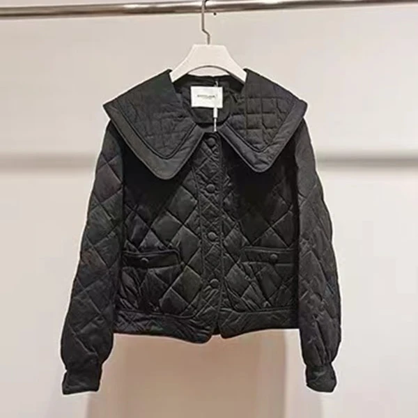 鹅绒服小香风网红短款时尚黑色翻领秋冬菱格B12-3