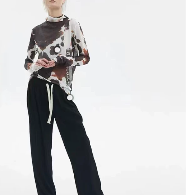 2024秋季新款网布印花T恤半高领内搭皮肤衣透视时尚女A1-14