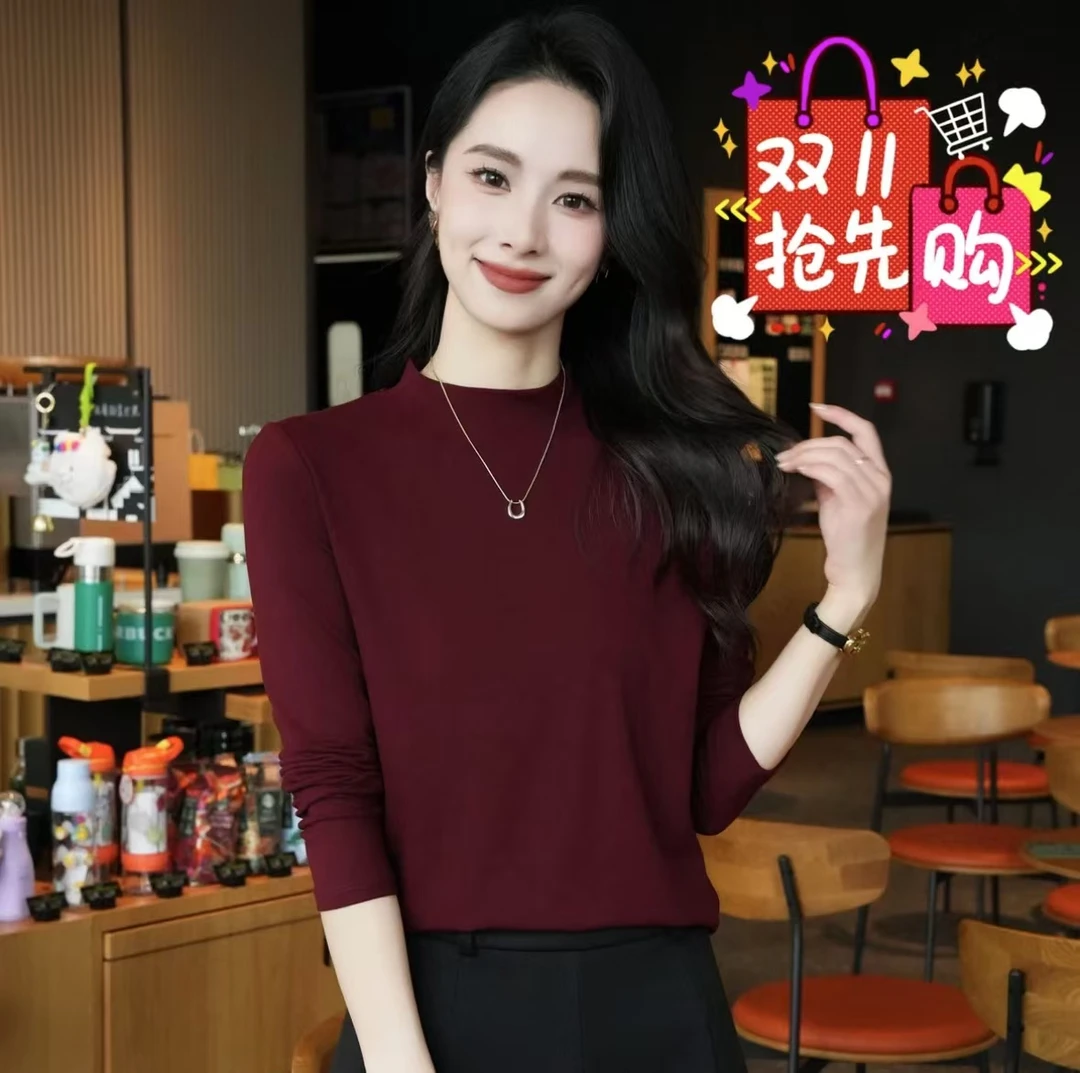【2210】秋冬半高领微米绒打底衫内外穿百搭女修身显瘦高领长袖内搭