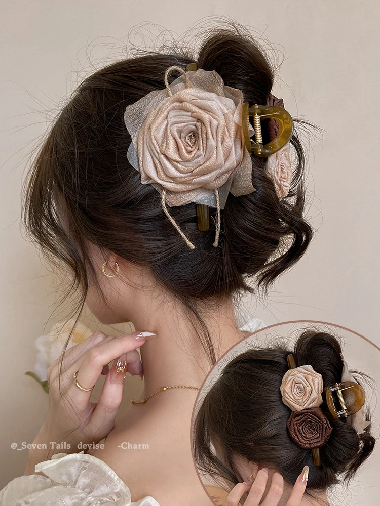 新中式复古干枯玫瑰花朵美拉德大抓夹小香风鲨鱼发夹甜美优雅网红