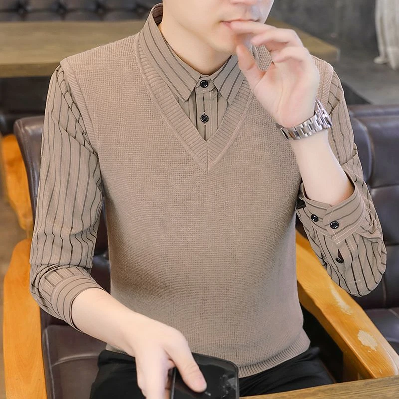 啄木鸟高档打底衫休闲假两件毛衣韩版针织衫百搭长袖潮流条纹潮流