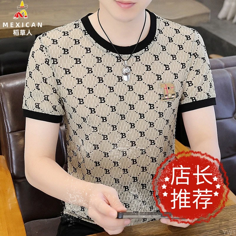 稻草人休闲夏装夏季冰丝短袖宽松男Ｔ恤欧货潮牌时尚休闲圆领字母