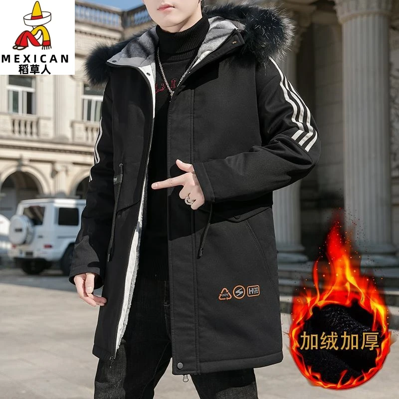 稻草人2025新款加绒加厚棉衣男冬季潮流中长款派克服青少年外套冬