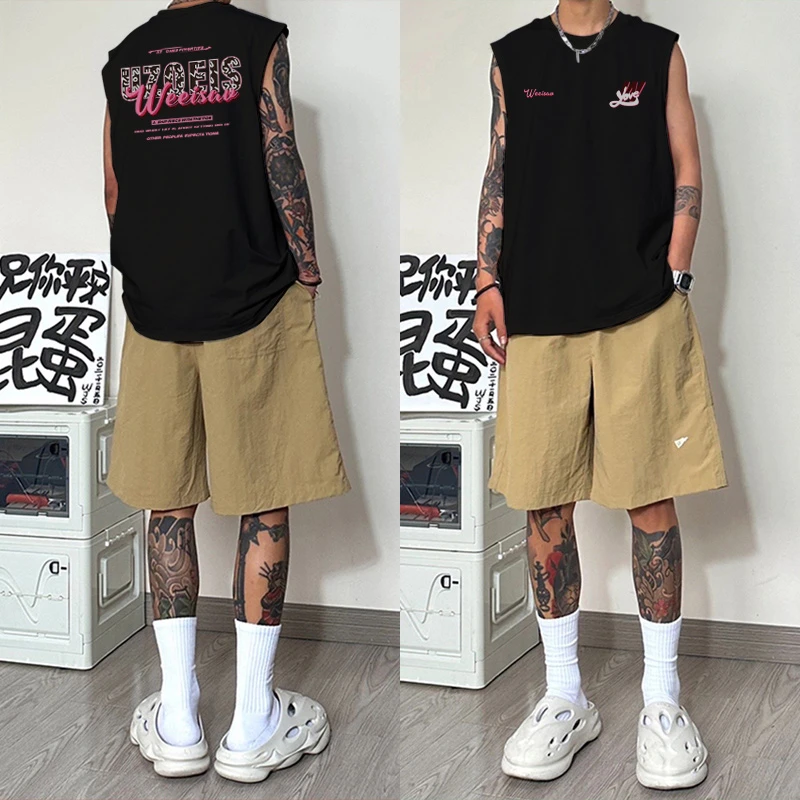 高街复古潮牌休闲男款黑色背心美式高街嘻哈字母印花小众高级无袖