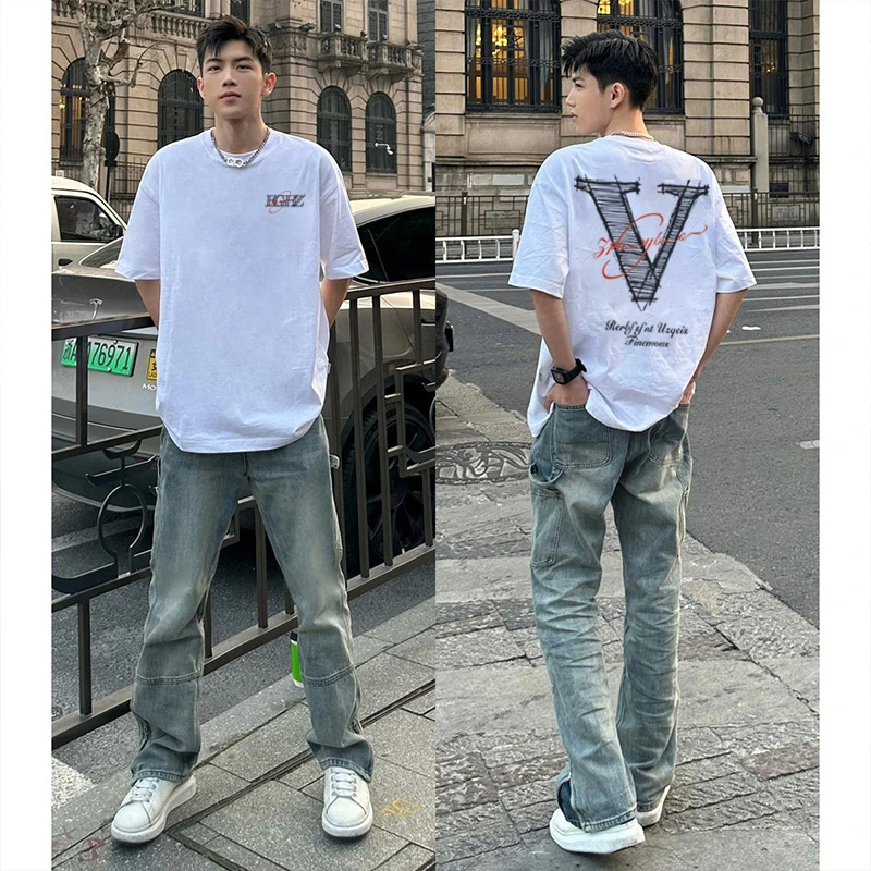 vintage潮牌美式短袖t恤男街头个性复古休闲百搭重磅纯棉宽松上衣