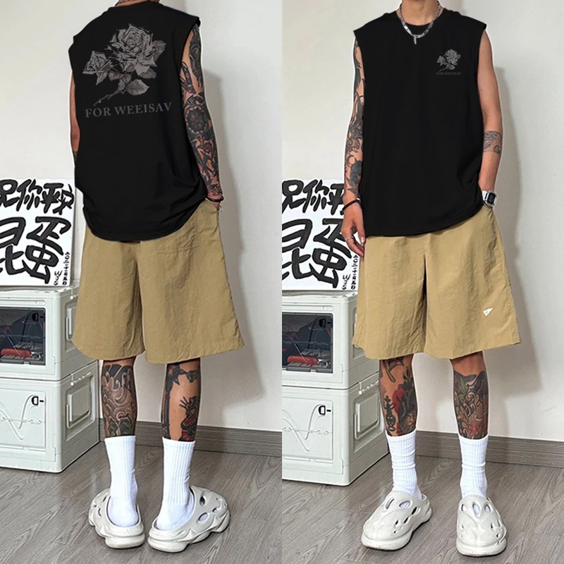 美式嘻哈潮牌百搭宽松网红款坎肩背心男款无袖t恤高级感黑色上衣