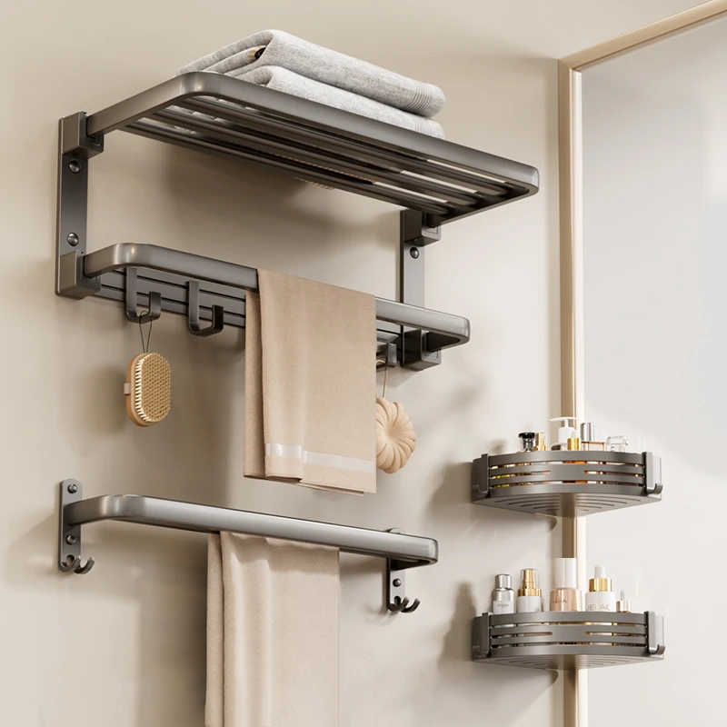 家用浴巾置物架卫生间浴巾架浴室壁挂黑色折叠毛巾架免打孔毛巾杆