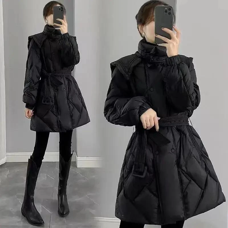 2023新款女装冬季修身收腰中长款羽绒服女黑色显瘦双排扣立领外套